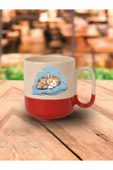 Uyuyan Kedi Kırmızı Tabanlı Seramik Kupa Bardak - Seramik Çay, Kahve Hediyelik Bardağı