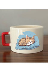Uyuyan Kedi Fincan Seramik Kupa Bardak - Seramik Çay, Kahve Hediyelik Bardağı