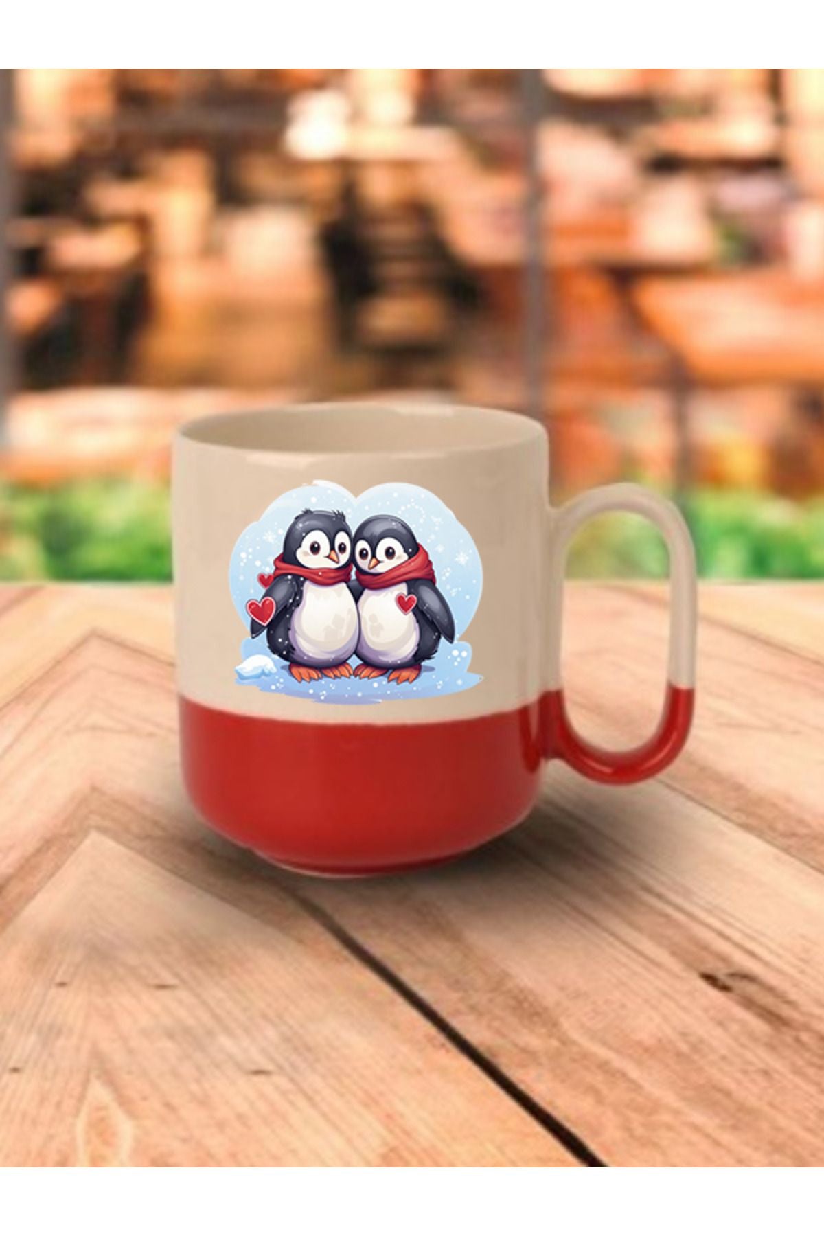 Penguen Baskılı Kırmızı Tabanlı Kupa Bardak - Seramik Çay, Kahve Hediyelik Bardağı