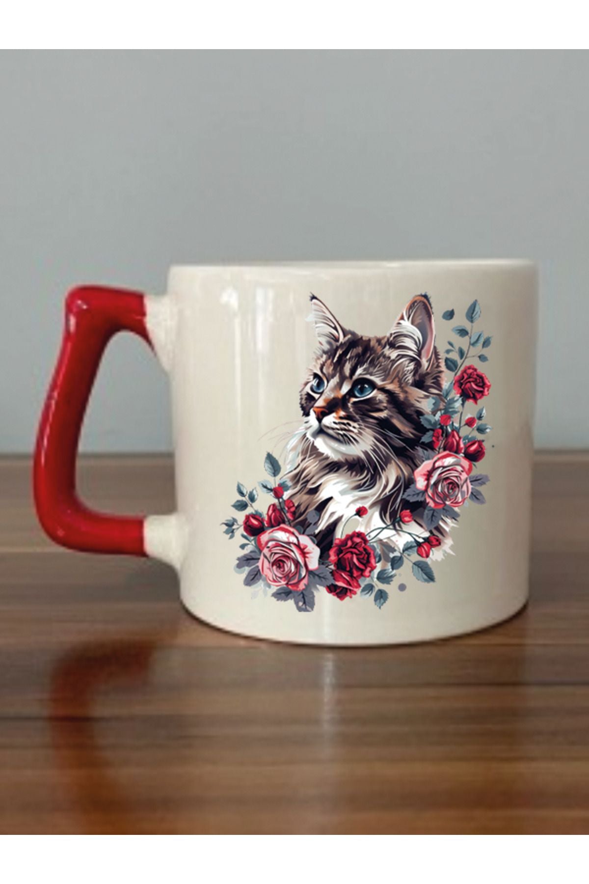 Çiçek Ve Kedi Temalı Kırmızı Kuplu Kupa Bardak - Seramik Çay, Kahve Hediyelik Bardağı