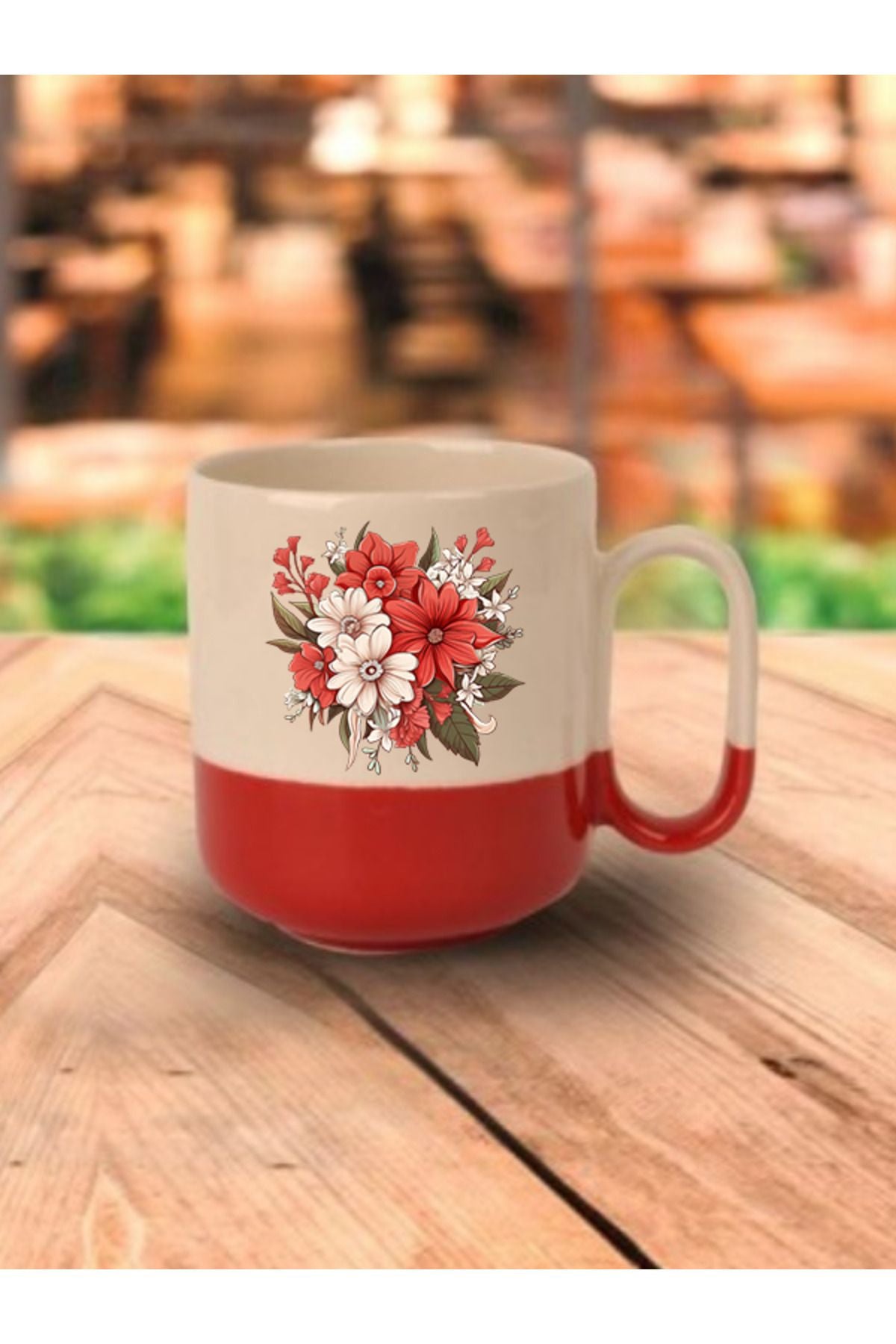 Çiçek Baskılı Kırmızı Tabanlı Kupa Bardak - Seramik Çay, Kahve Hediyelik Bardağı