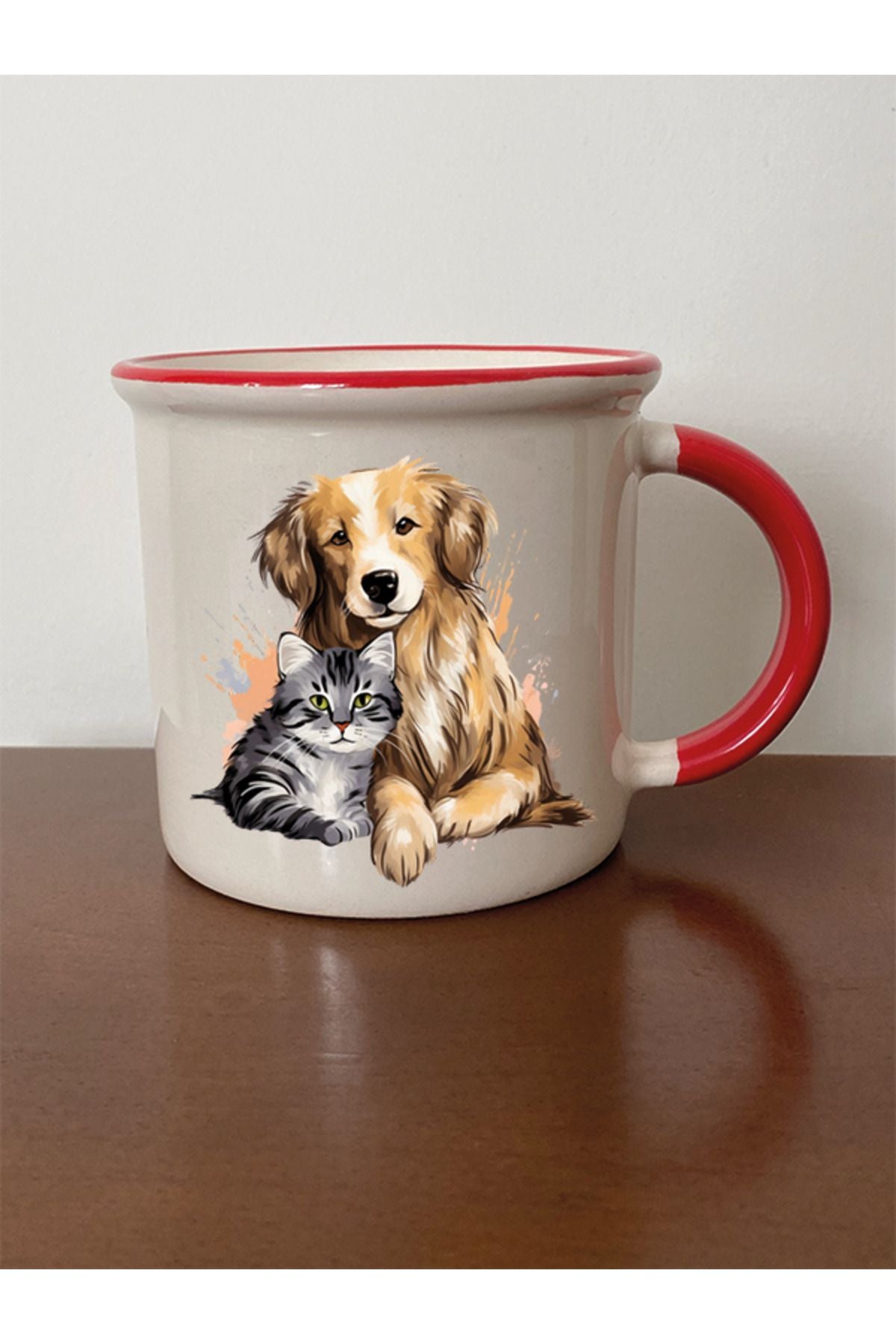 Kedi Ve Köpek Temalı Kırmızı Ağızlı Kupa Bardak - Seramik Çay, Kahve Hediyelik Bardağı
