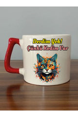 Derdim Yok Çünkü Kedim Var Kırmızı Kulplu Kupa Bardak - Seramik Çay, Kahve Hediyelik Bardağı