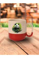 Yeşillikler Arasında Panda Kırmızı Tabanlı Kupa Bardak - Seramik Çay, Kahve Hediyelik Bardağı