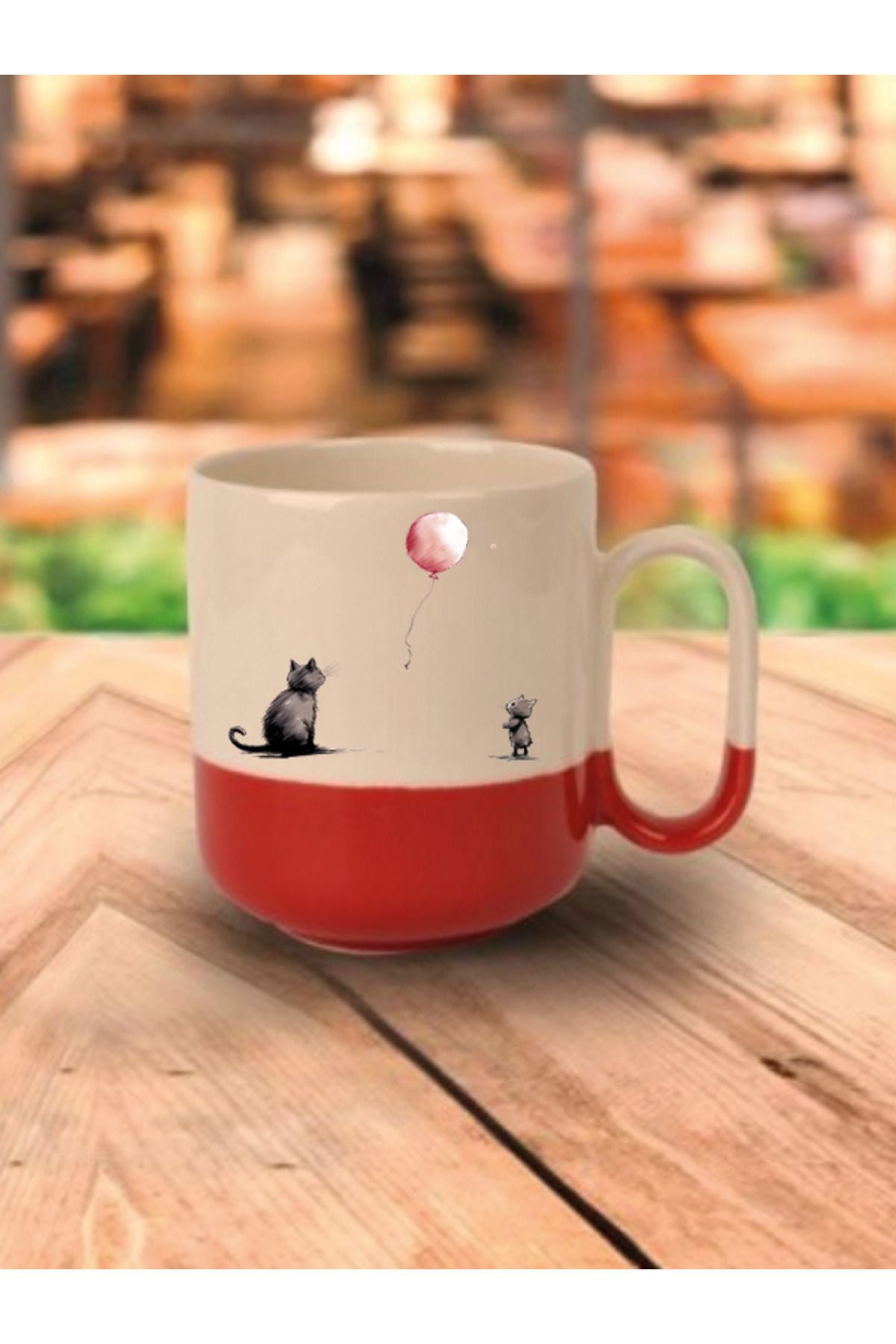 Kedi Ve Balon Temalı Kırmızı Tabanlı Kupa Bardak - Seramik Çay, Kahve Hediyelik Bardağı
