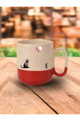 Kedi Ve Balon Temalı Kırmızı Tabanlı Kupa Bardak - Seramik Çay, Kahve Hediyelik Bardağı