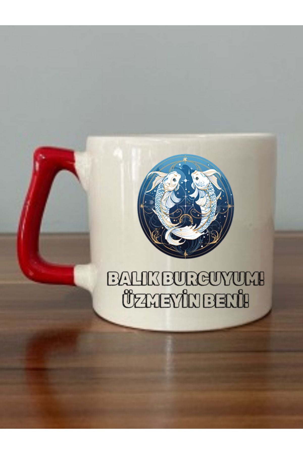 Balık Burcu Kırmızı Kulplu Kupa Bardak - Seramik Çay, Kahve Hediyelik Bardağı
