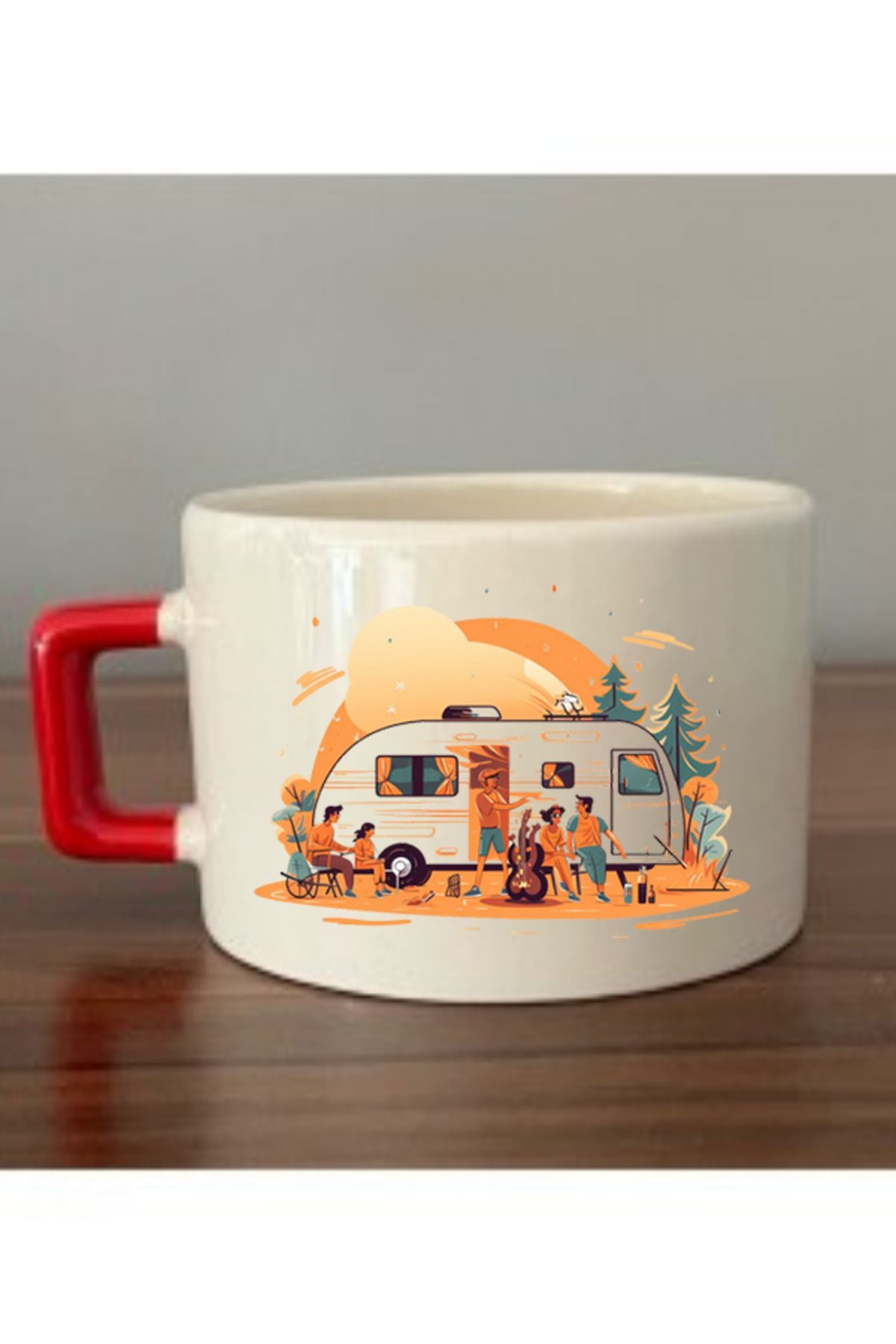 Karavan Ve Tatil Baskılı Kırmızı Kulplu Fincan Seramik Kupa - Seramik Çay, Kahve Hediyelik Bardağı