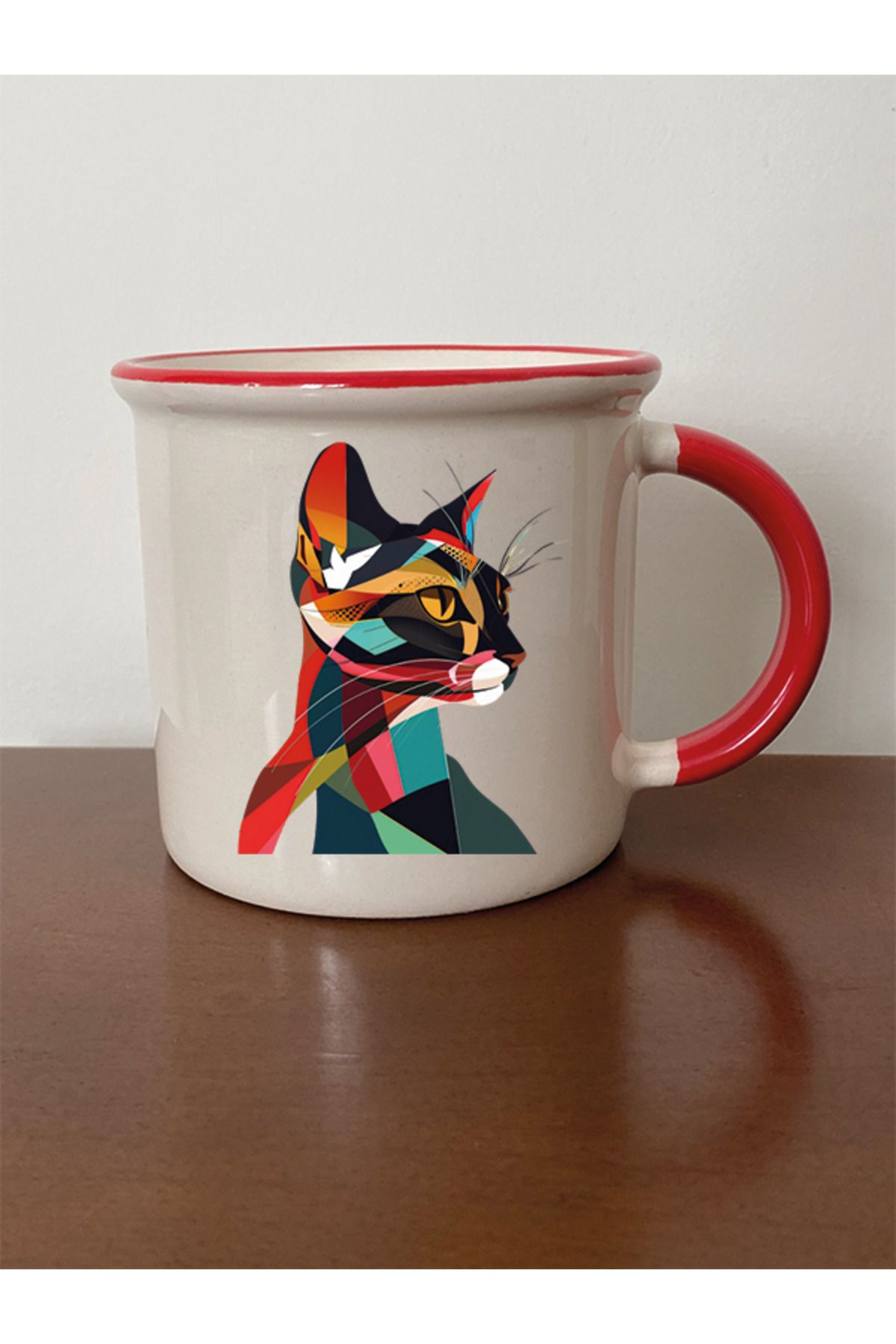 Modern Kedi Temalı Kırmızı Ağızlı Kupa Bardak - Seramik Çay, Kahve Hediyelik Bardağı