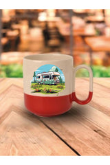 Karavan Ve Tatil Temalı Kırmızı Tabanlı Kupa Bardak - Seramik Çay, Kahve Hediyelik Bardağı