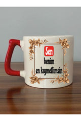 Sen Benim En Kıymetlimsin Kırmızı Kulplu Kupa Bardak - Seramik Çay, Kahve Hediyelik Bardağı