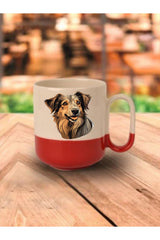 Köpekli Kırmızı Tabanlı Kupa Bardak - Seramik Çay, Kahve Hediyelik Bardağı