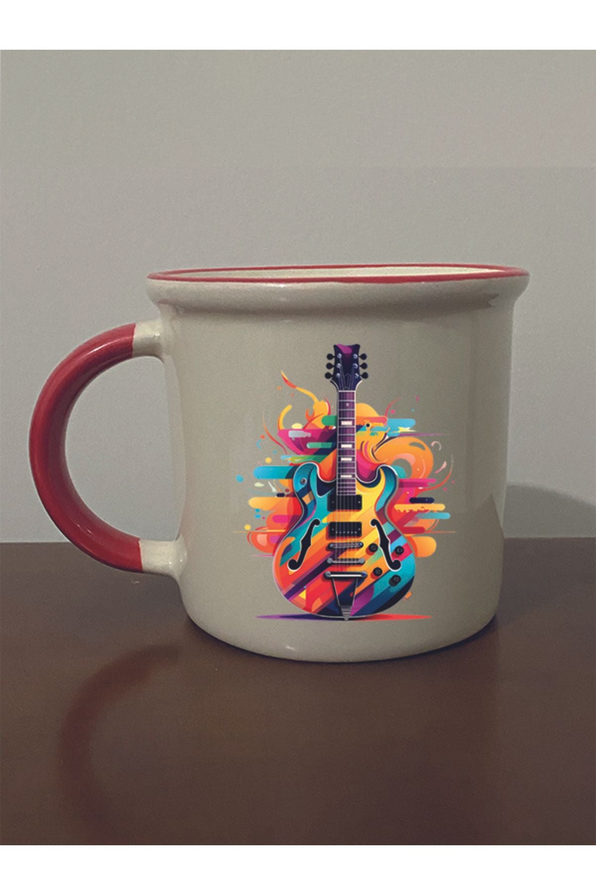 Gitar Baskılı Kırmızı Ağızlı Kupa Bardak - Seramik Çay, Kahve Hediyelik Bardağı