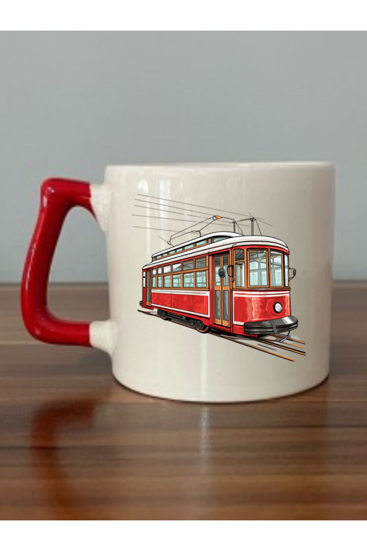 Tramvay Temalı Kırmızı Kulplu Kupa Bardak - Seramik Çay, Kahve Hediyelik Bardağı