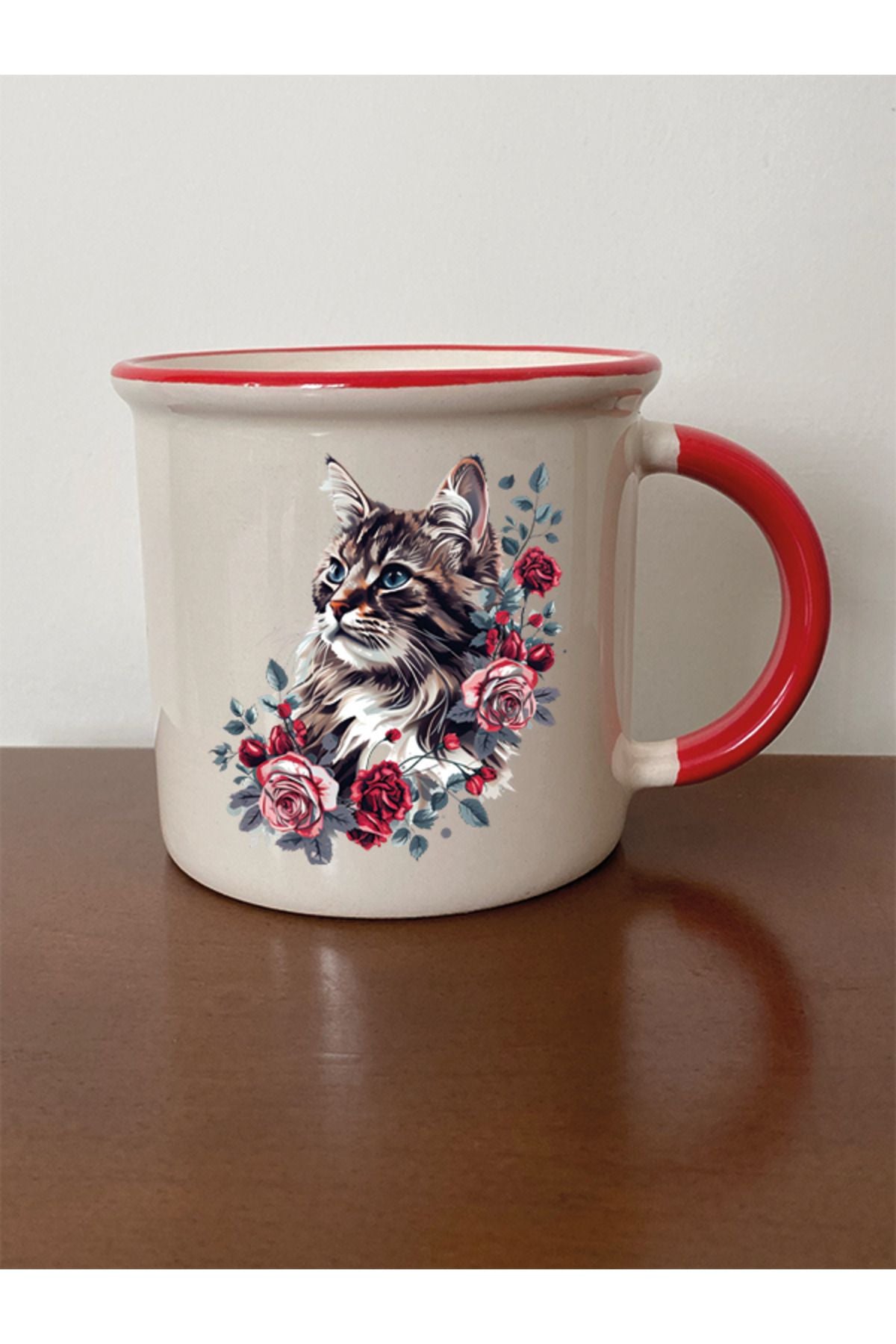 Çiçek Ve Kedi Temalı Kırmızı Ağızlı Kupa Bardak - Seramik Çay, Kahve Hediyelik Bardağı