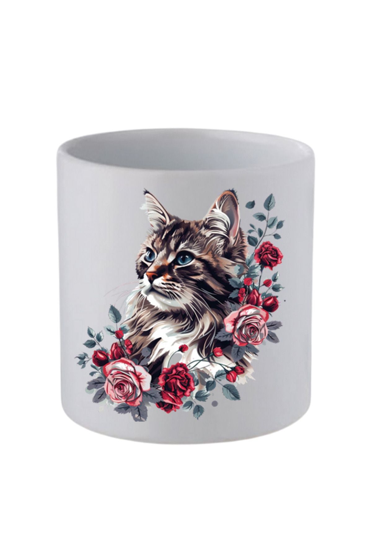 Güller İçinde Kedi Baskılı Kulpsuz Kupa Bardak - Hediye Kahve Kupası, Su Bardağı