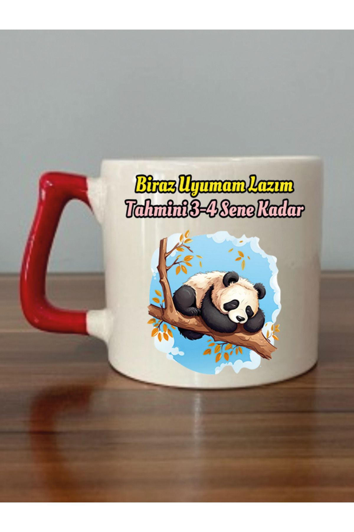 Biraz Uyumama Lazım Yazılı Kırmızı Kulplu Kupa Bardak - Seramik Çay, Kahve Hediyelik Bardağı