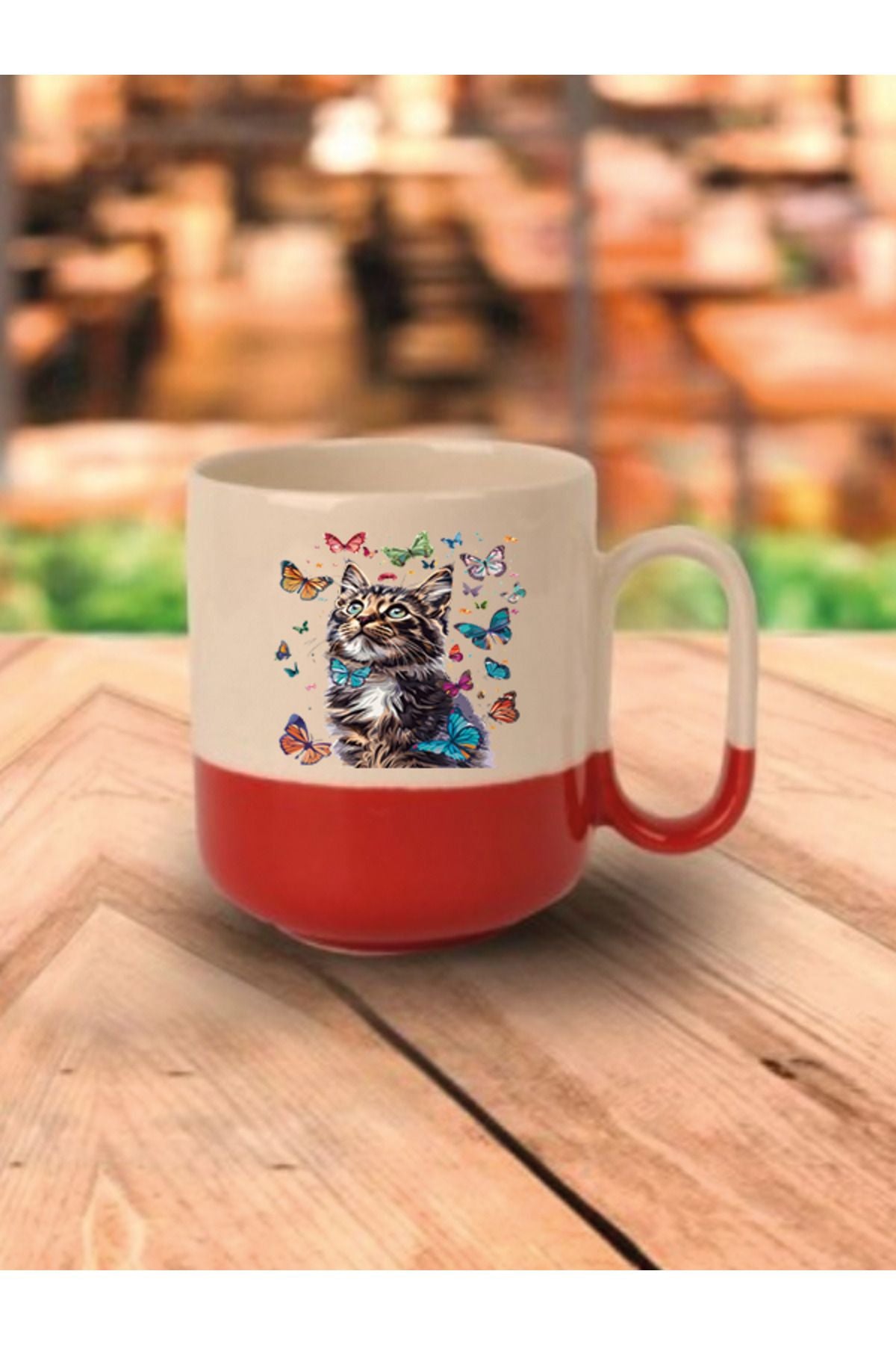 Kelebekli Kedi Temalı Kırmızı Tabanlı Kupa Bardak - Seramik Çay, Kahve Hediyelik Bardağı