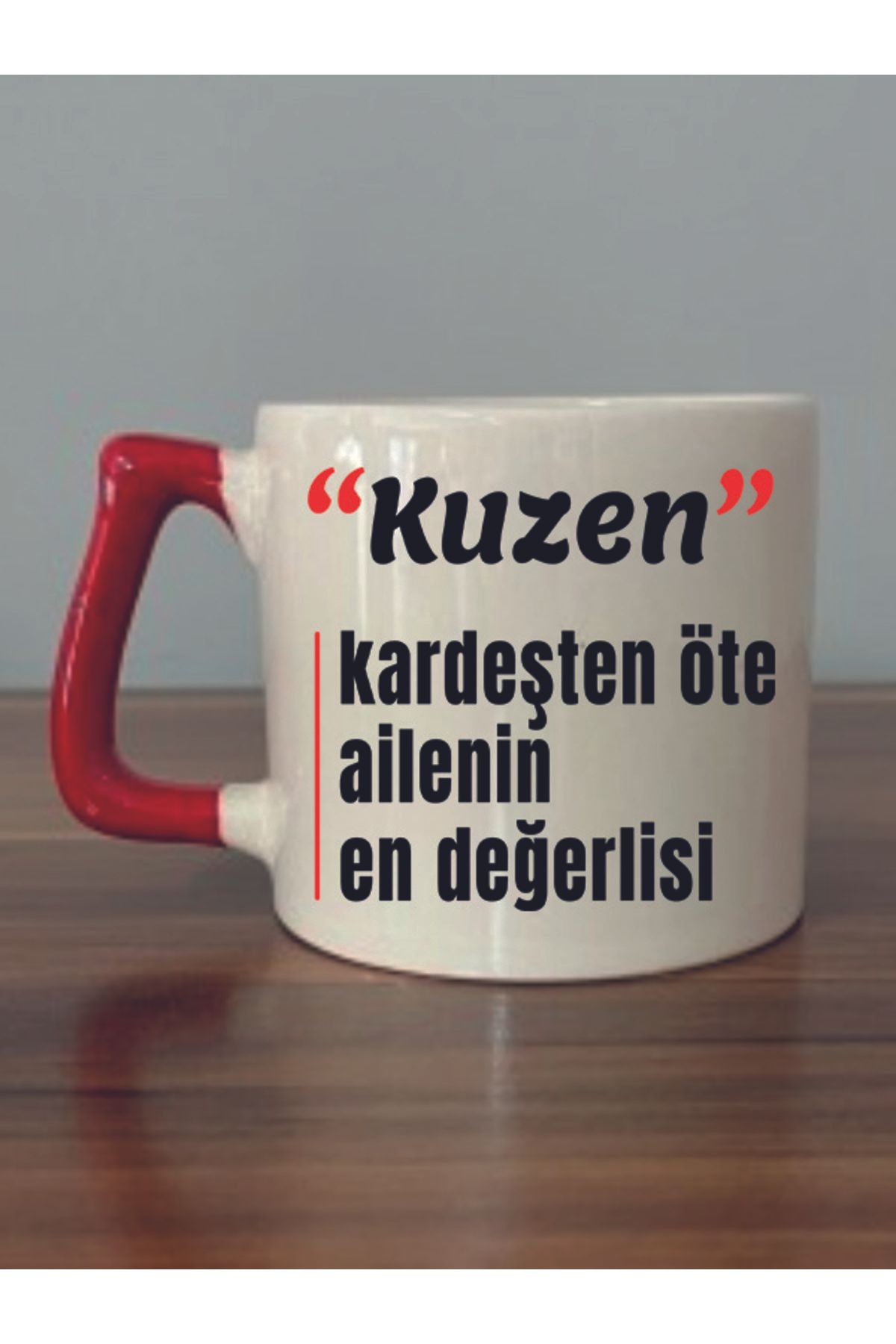 Kuzene Hediyelik Kırmızı Kulplu Kupa Bardak - Seramik Çay, Kahve Hediyelik Bardağı