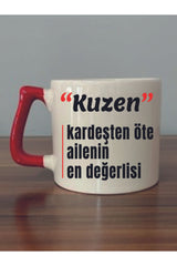Kuzene Hediyelik Kırmızı Kulplu Kupa Bardak - Seramik Çay, Kahve Hediyelik Bardağı