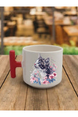 Çiçekli Kedi Temalı Kahve Bardağı Kupa Bardak - Seramik Çay, Kahve Hediyelik Bardağı