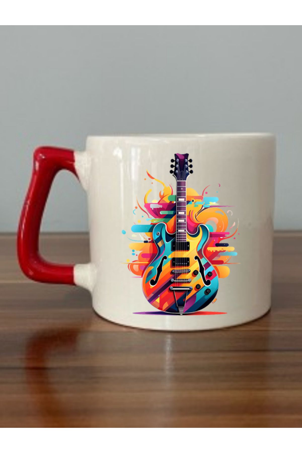 Gitar Görselli Kırmızı Kulplu Kupa Bardak - Seramik Çay, Kahve Hediyelik Bardağı
