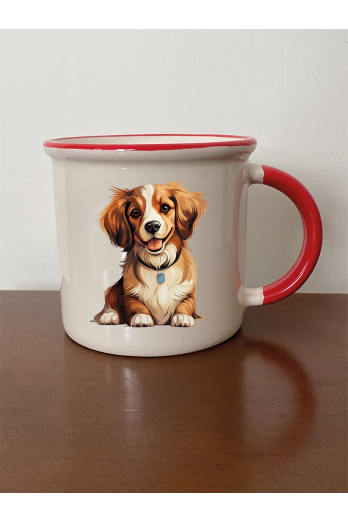 Sevimli Köpek Temalı Kırmızı Ağızlı Kupa Bardak - Seramik Çay, Kahve Hediyelik Bardağı