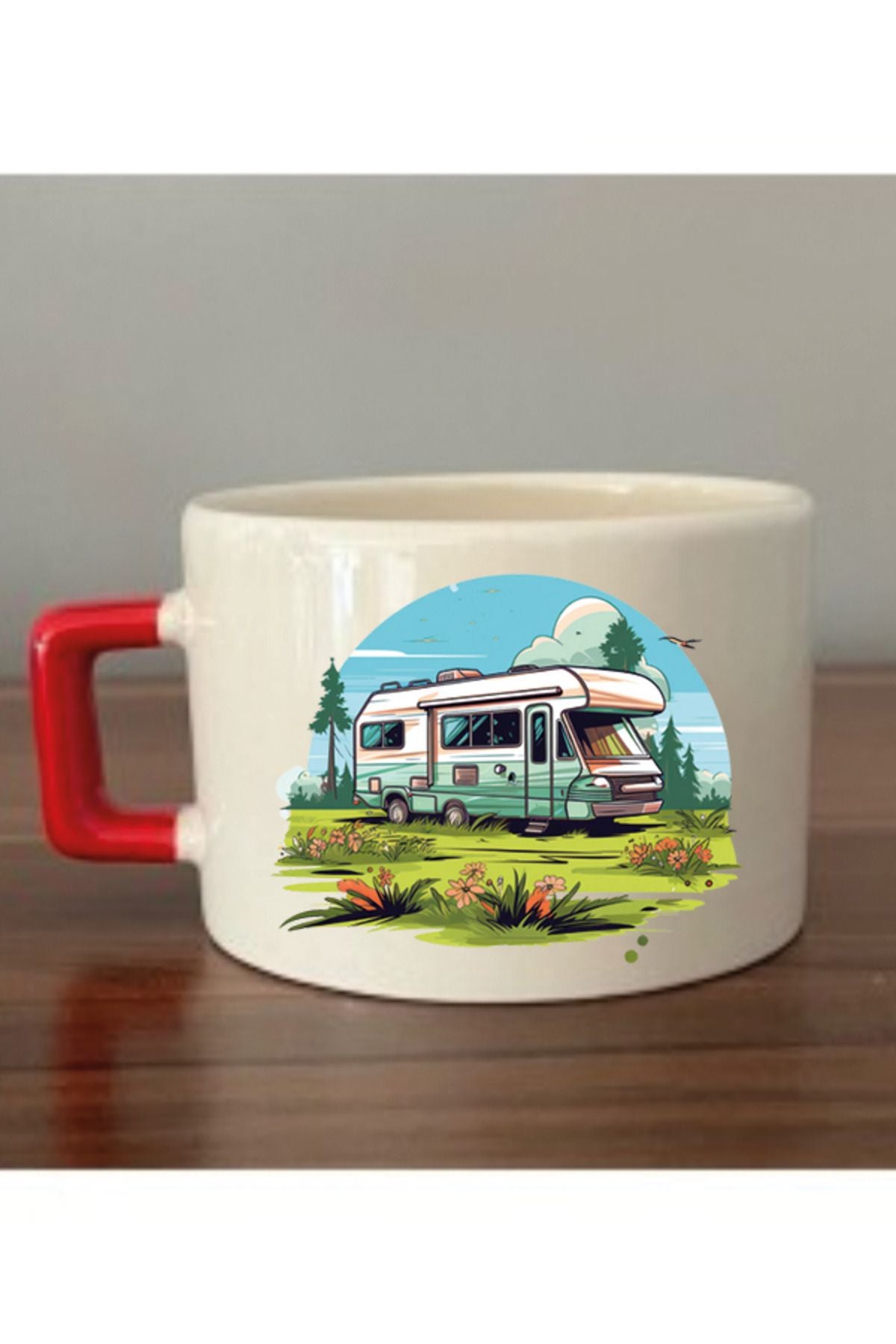 Karavan Ve Tatil Temalı Kırmızı Kulplu Fincan Kupa Bardak - Seramik Çay, Kahve Hediyelik Bardağı