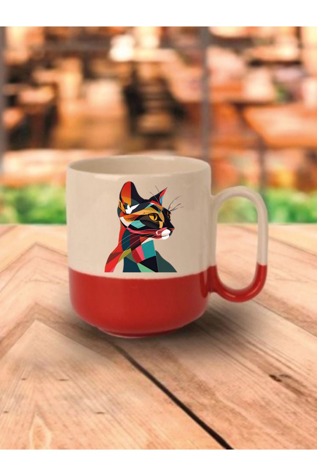 Modern Kedi Temalı Kırmızı Tabanlı Kupa Bardak - Seramik Çay, Kahve Hediyelik Bardağı