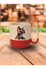 Modern Kedi Temalı Kırmızı Tabanlı Kupa Bardak - Seramik Çay, Kahve Hediyelik Bardağı