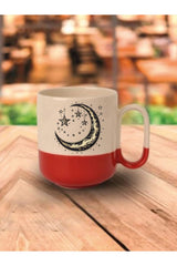 Sarı Ay Temalı Kırmızı Tabanlı Kupa Bardak - Seramik Çay, Kahve Hediyelik Bardağı