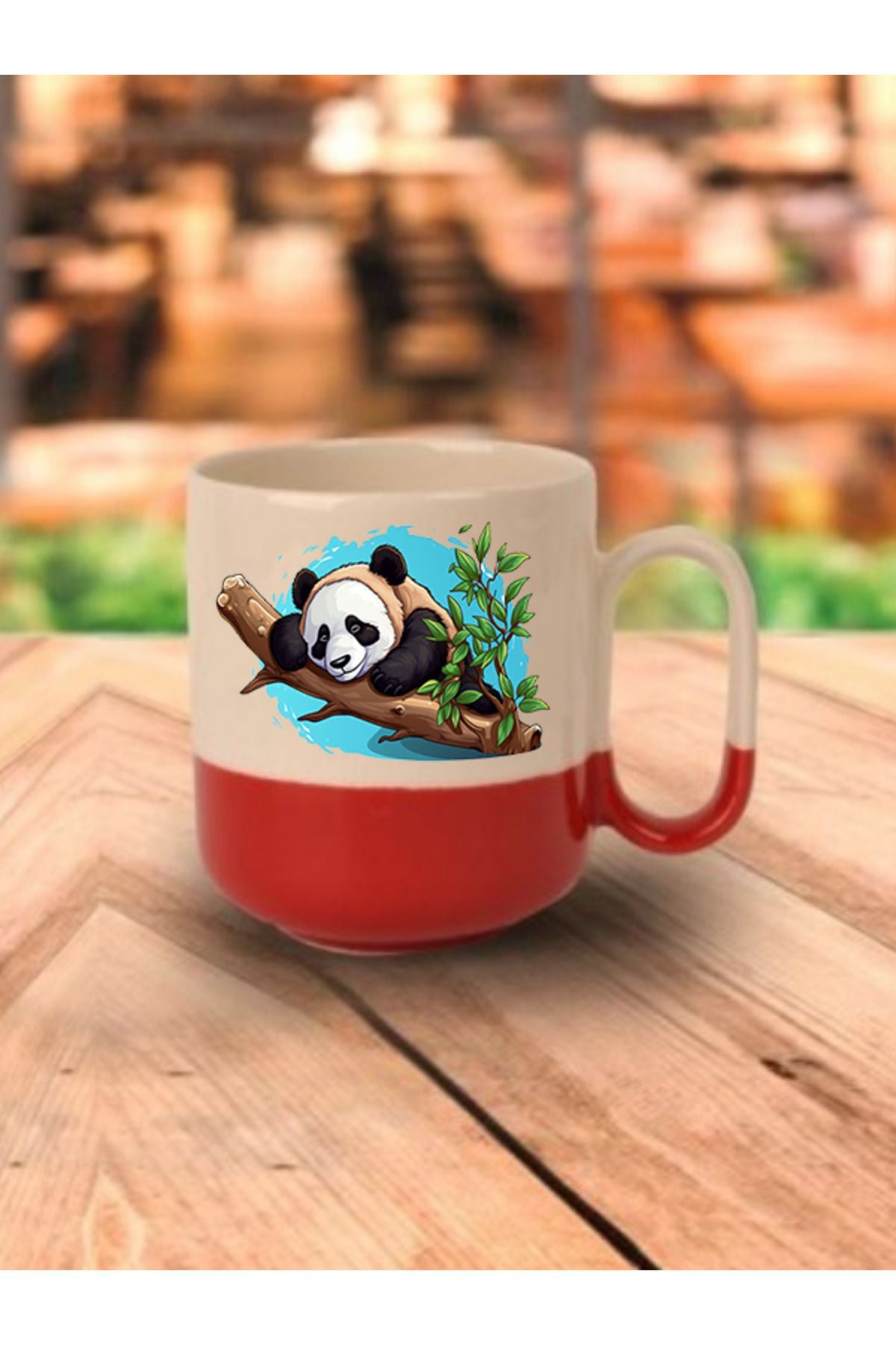 Panda Baskılı Kırmızı Tabanlı Kupa Bardak - Seramik Çay, Kahve Hediyelik Bardağı