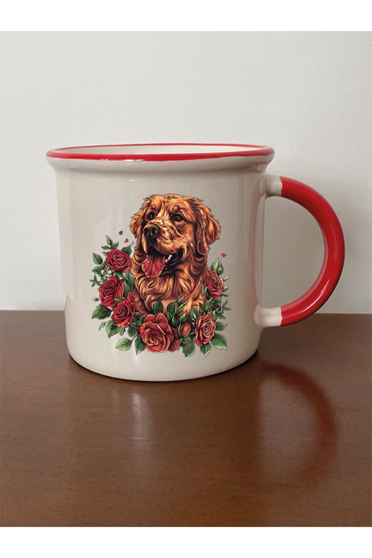 Çiçek Ve Köpek Temalı Kırmızı Ağızlı Kupa Bardak - Seramik Çay, Kahve Hediyelik Bardağı