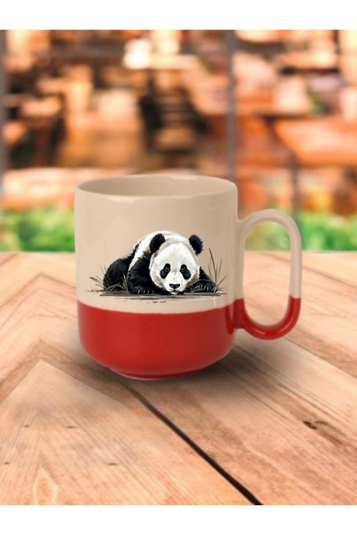 Panda Görselli Kırmızı Tabanlı Kupa Bardak - Seramik Çay, Kahve Hediyelik Bardağı