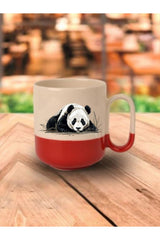 Panda Görselli Kırmızı Tabanlı Kupa Bardak - Seramik Çay, Kahve Hediyelik Bardağı