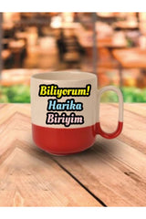 Biliyorum Harika Biriyim Yazılı Kırmızı Tabanlı Kupa Bardak - Seramik Çay, Kahve Hediyelik Bardağı