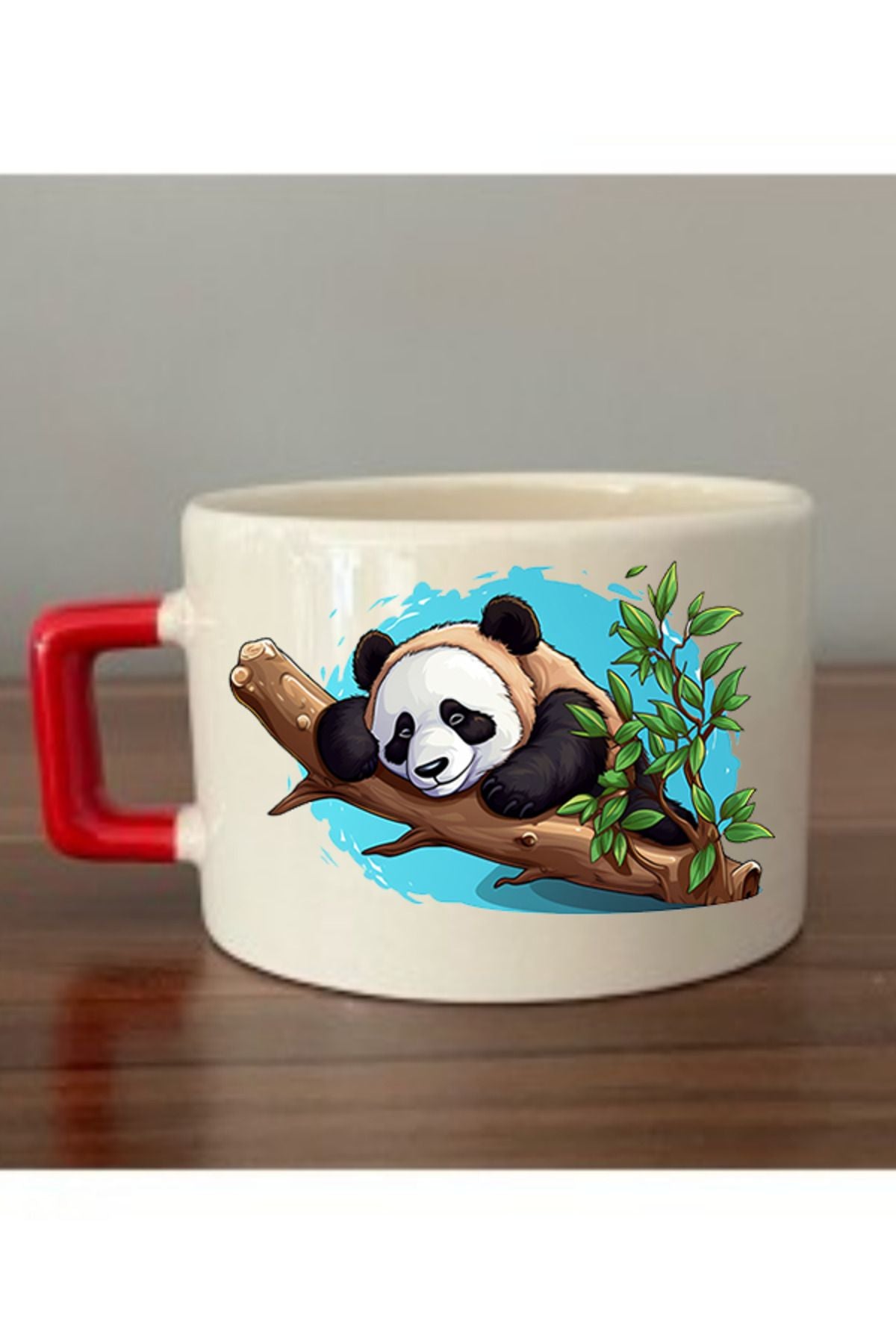 Panda Baskılı Kırmızı Kulplu Fincan Seramik Kupa - Seramik Çay, Kahve Hediyelik Bardağı