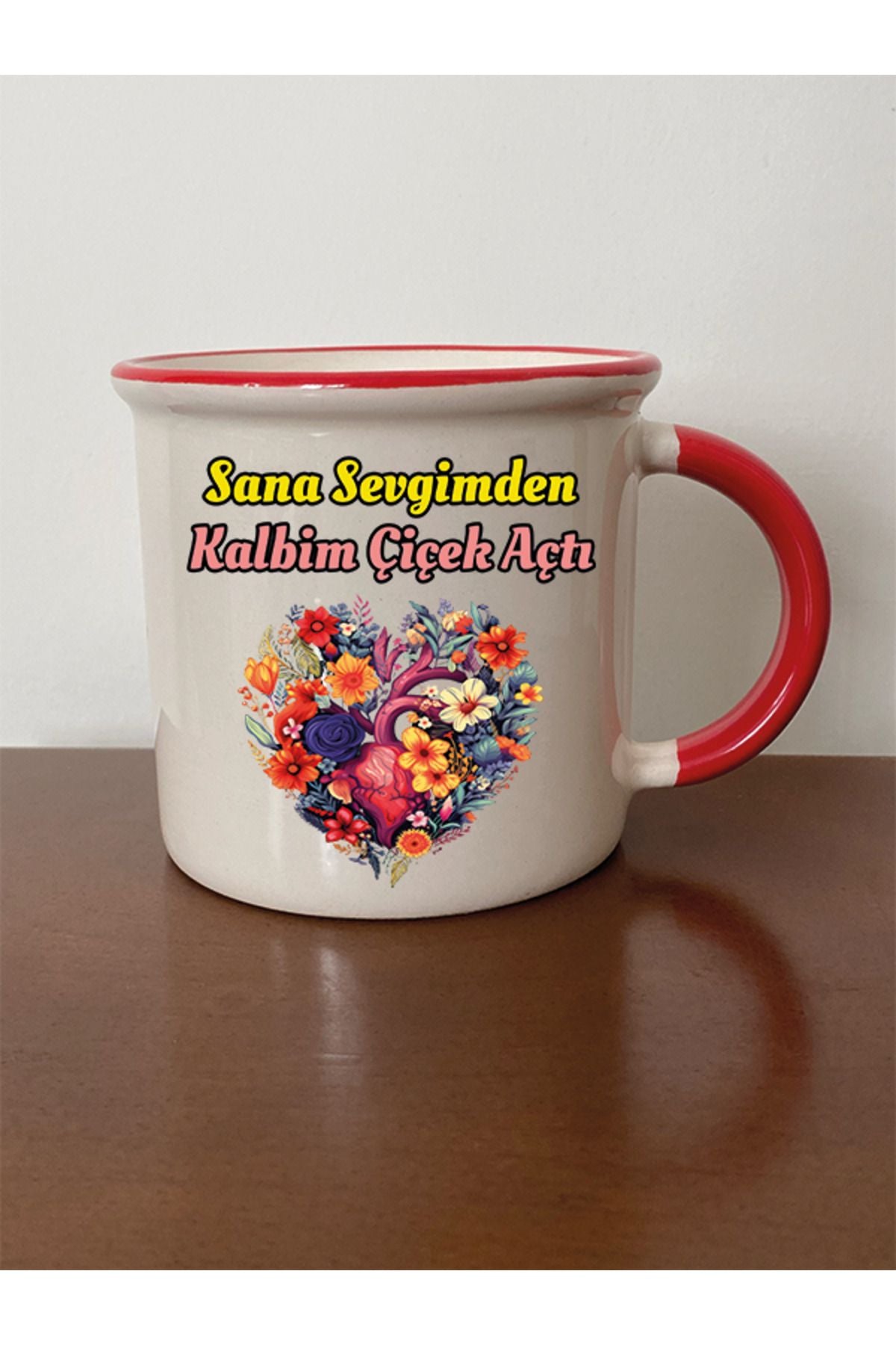 Sana Sevgimden Kalbim Çiçek Açtı Kırmızı Ağızlı Kupa Bardak - Seramik Çay, Kahve Hediyelik Bardağı