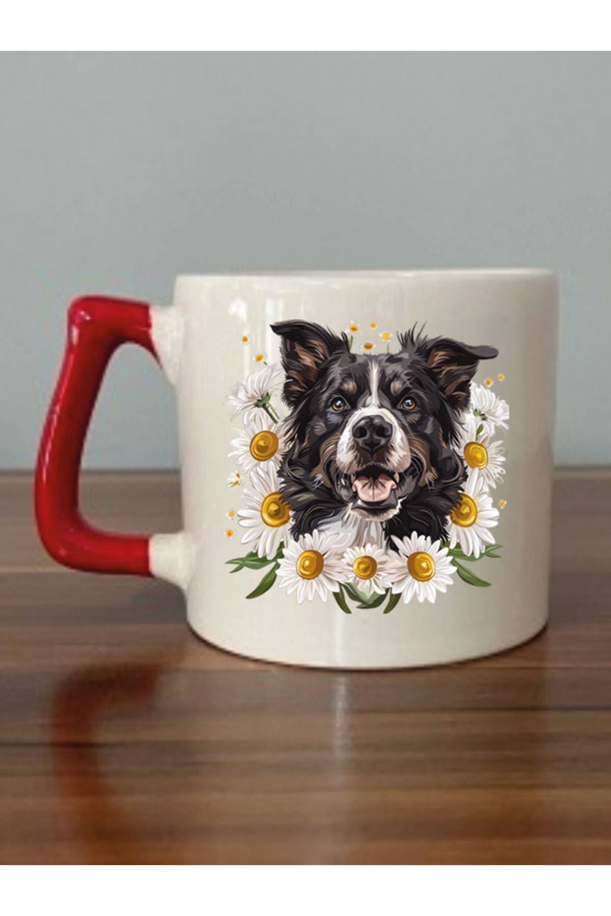 Çiçekli Köpek Temalı Kırmızı Kulplu Kupa Bardak - Seramik Çay, Kahve Hediyelik Bardağı