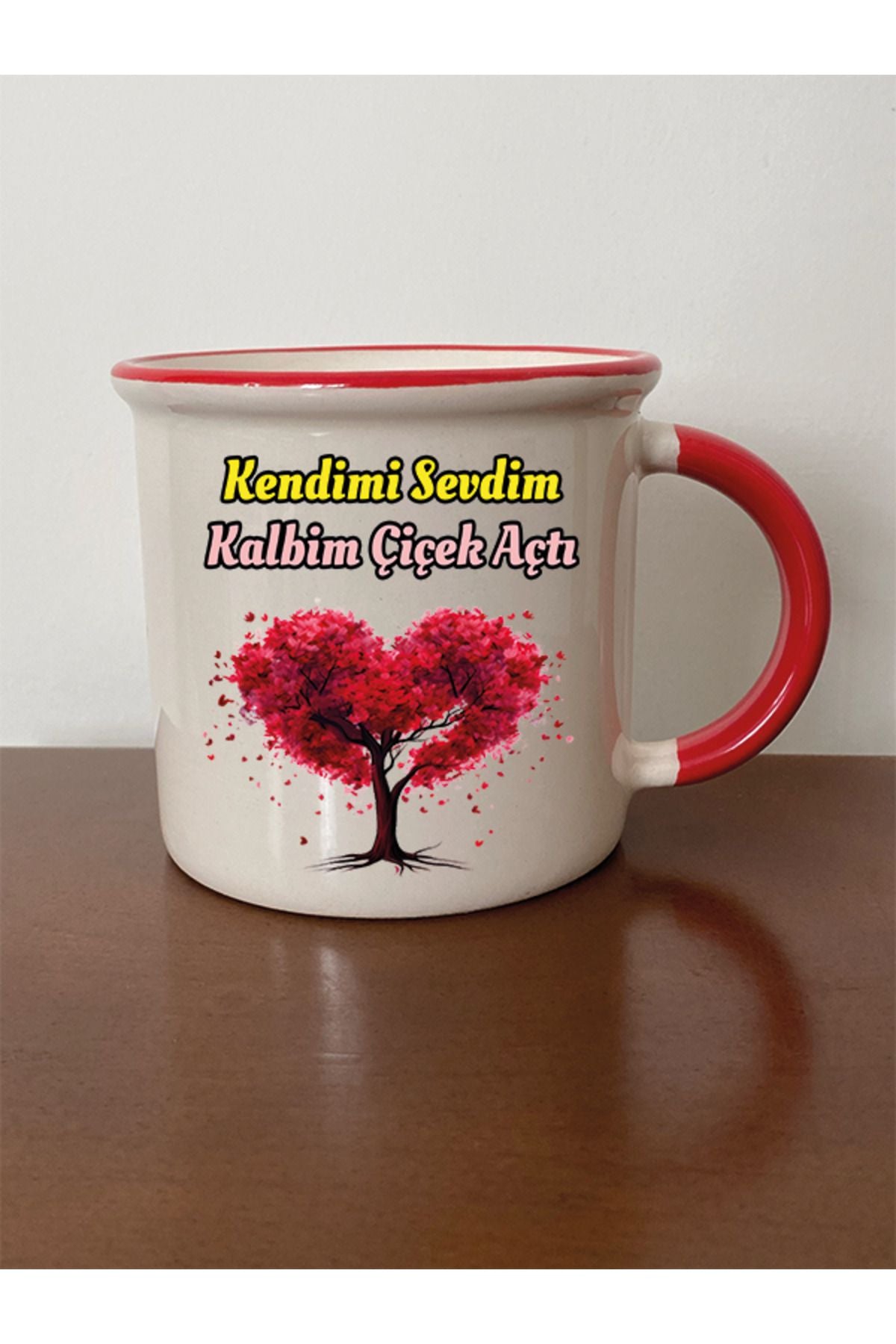 Kendimi Sevdim Kalbim Çiçek Açtı Kırmızı Ağızlı Kupa Bardak - Seramik Çay, Kahve Hediyelik Bardağı