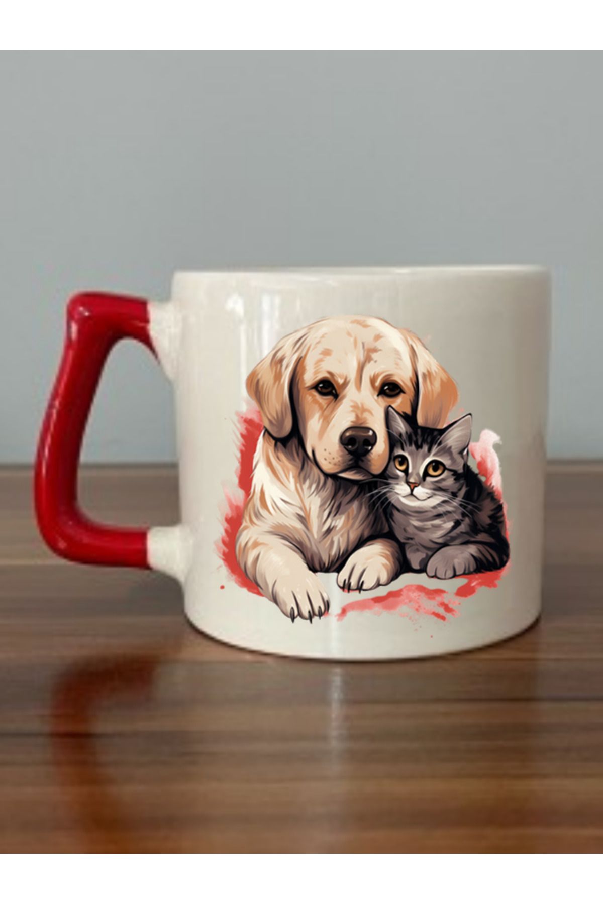 Kedili Ve Köpekli Kırmızı Kulplu Kupa Bardak - Seramik Çay, Kahve Hediyelik Bardağı