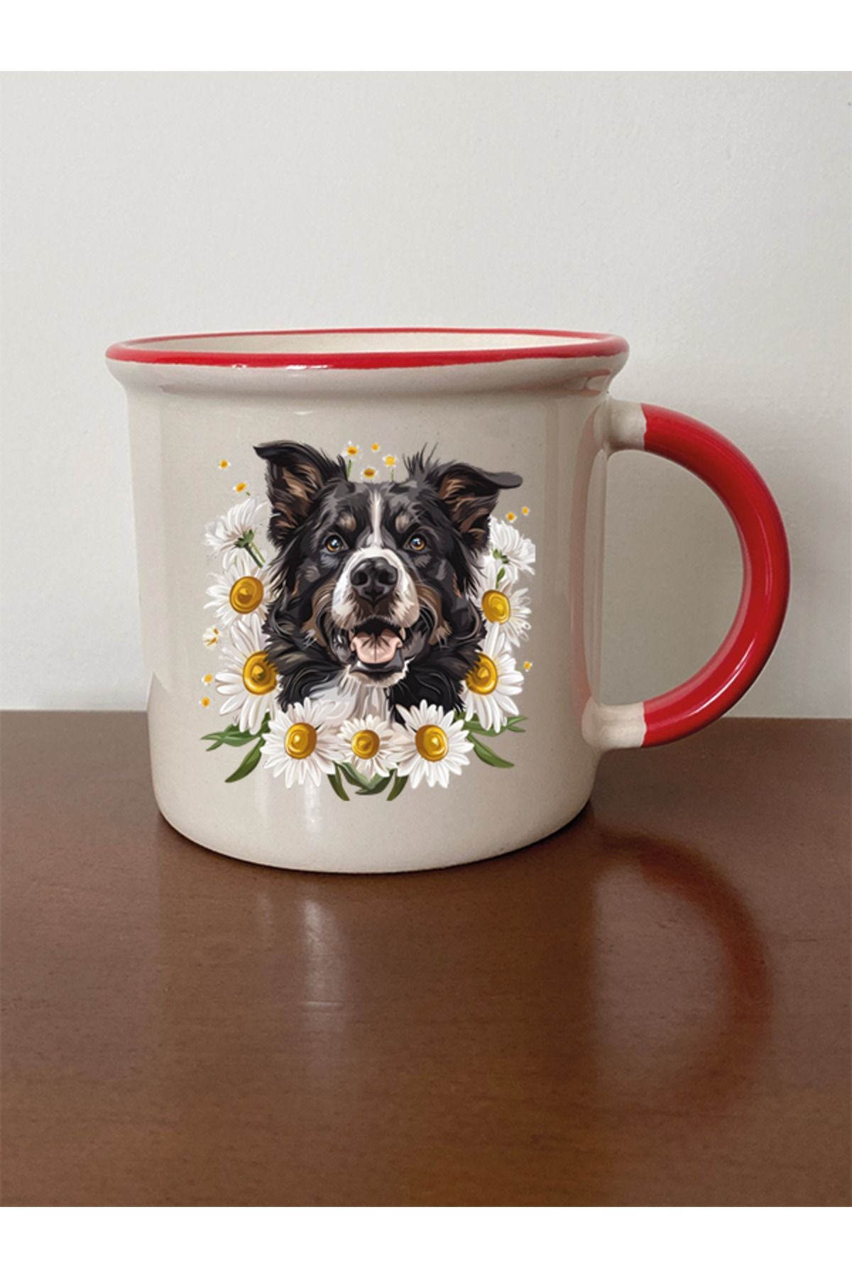 Çiçekli Köpek Temalı Kırmızı Ağızlı Kupa Bardak - Seramik Çay, Kahve Hediyelik Bardağı