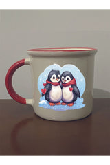Penguen Baskılı Kırmızı Ağızlı Kupa Bardak - Seramik Çay, Kahve Hediyelik Bardağı