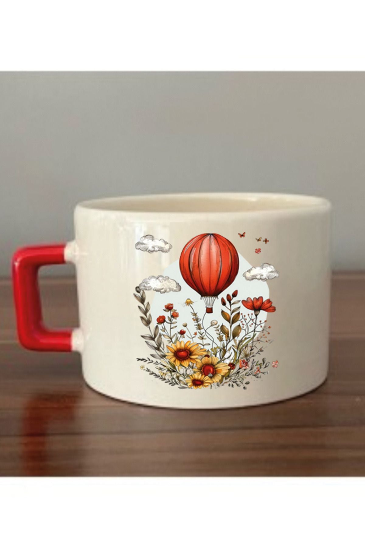 Balon Ve Çiçek Temalı Fincan Kupa Bardak - Seramik Çay, Kahve Hediyelik Bardağı