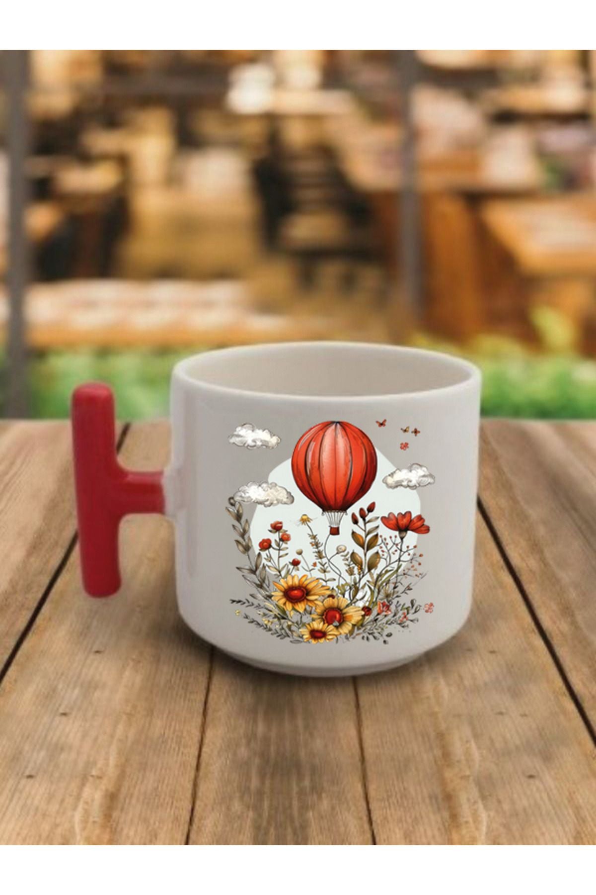 Balon Ve Çiçek Temalı Kahve Bardağı Kupa Bardak - Seramik Çay, Kahve Hediyelik Bardağı