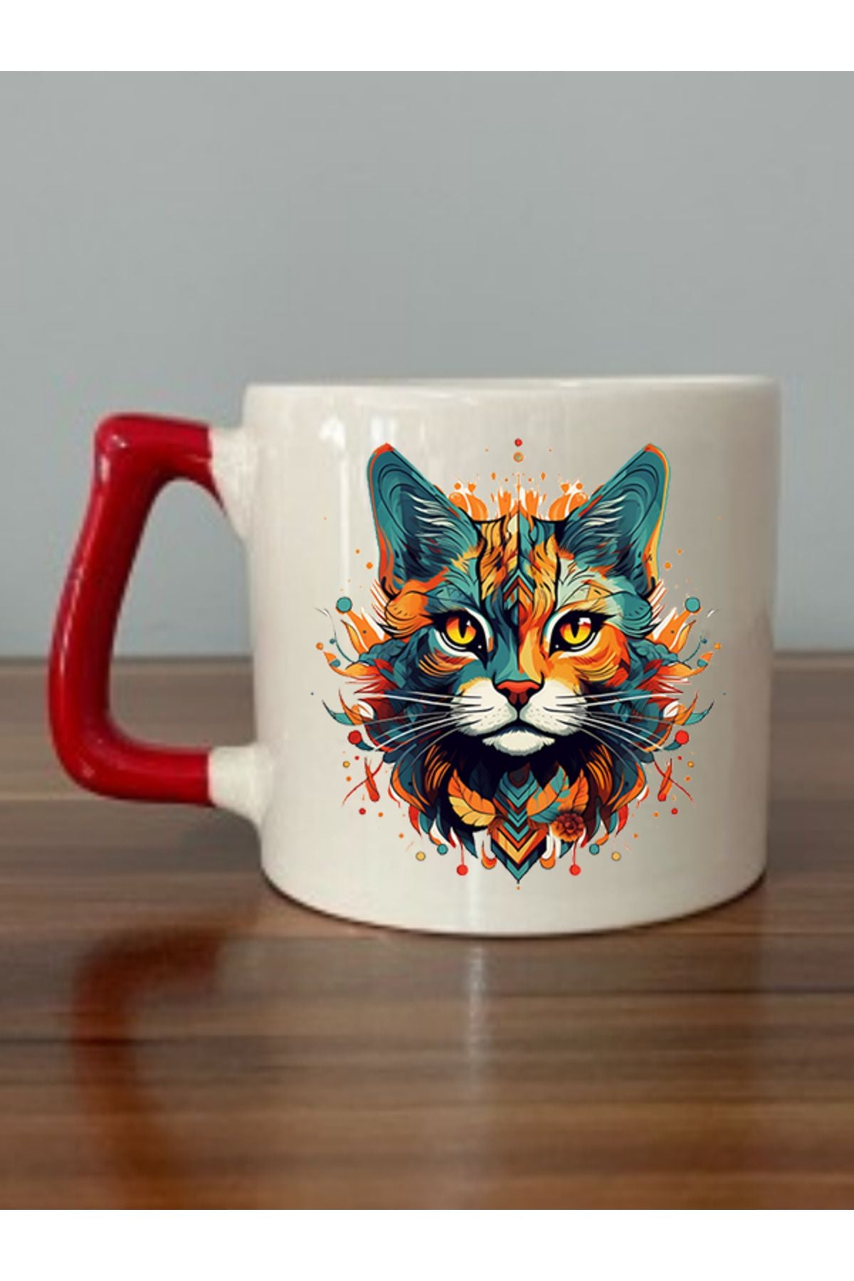 Kedi Baskılı Kırmızı Kulplu Kupa - Seramik Çay, Kahve Hediyelik Bardağı