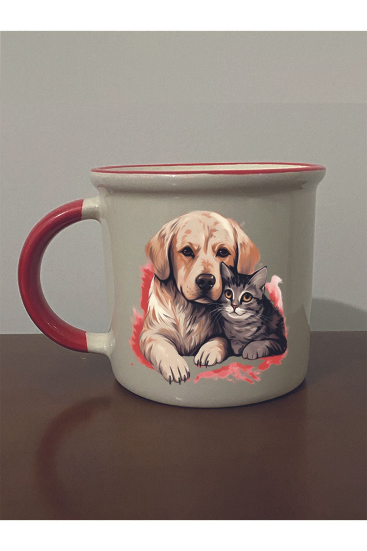 Kedi Köpek Baskılı Kırmızı Ağızlı Kupa Bardak - Seramik Çay, Kahve Hediyelik Bardağı