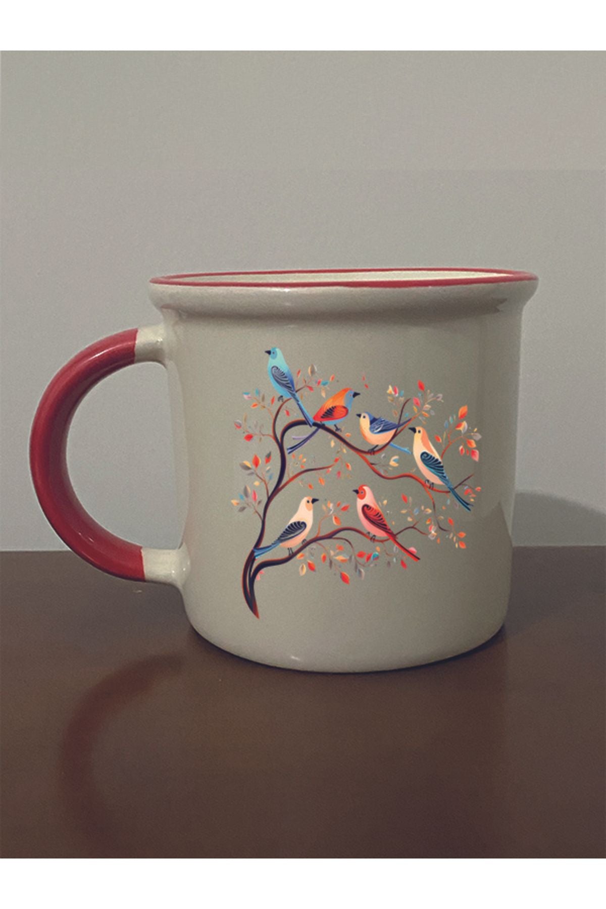 Dalda Kuş Baskılı Kırmızı Ağızlı Kupa Bardak - Seramik Çay, Kahve Hediyelik Bardağı