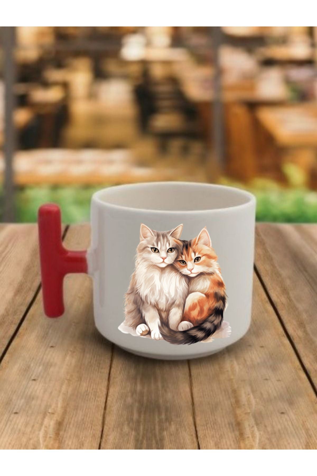 Sarılan Kedi Görselli Kahve Bardağı Seramik Kupa - Seramik Çay, Kahve Hediyelik Bardağı