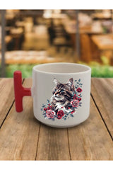 Çiçek Ve Kedi Temalı Kahve Bardağı Kupa Bardak - Seramik Çay, Kahve Hediyelik Bardağı
